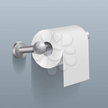 White toilet paper roll, serviette on wall vector illustration. Roll paper in restroom, paper on tube toiletry