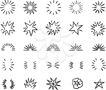 Elegant ink brush circle bursts and whimsical borders. Hand drawn bursting vector decoration. Starburst badge icon, illustration of star burst linear of set