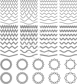 Curvy waves and zigzag striped lines and round jagged frames vector set. Wave line and zigzag lines element illustration