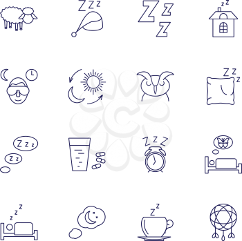 Sleeping icons isolated on white background. Relax and night rest vector signs. Relaxation and sleep in bedroom, illustration of dream and sleep pictogram