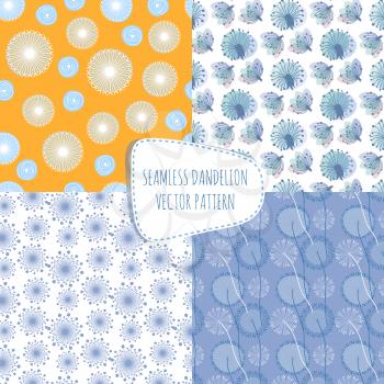 Vector seamless patterns with dandelions. Endless spring fabric decorations. Set of dandelion patterns, illustration of seamless flower dandelion background