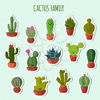 Funny plants vector collection. Cute cactus with happy faces garden patches or stickers. Set of blossom cactus in pot, illuystration of family cactus
