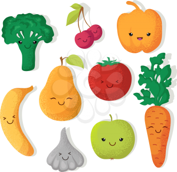 Cartoon funny fruits and vegetables vector characters. Vegetable and fruits, tomato and pear fruit illustration