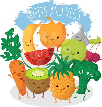 Group of funny fruit and vegetables friends. Vector characters with happy smiling faces. Natural fruits pineapple and cherry, vegetarian natural food broccoli and fresh carrot illustration