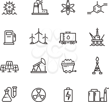 Energy industry and power factory modern industrial vector line icons. Set of power electricity factory, illustration of power energy linear icons