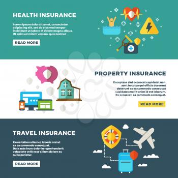 Business insurance, banking services and safety vector banners set. Insurance banners, illustration of protection and insurance service concept