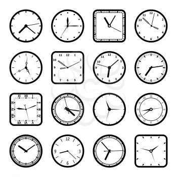 Digital wall clock faces, time vector icons set. Collection of clock equipment, illustration of clocks set