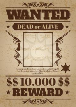 Vintage wanted western poster with blank space for criminal photo. Vector mockup wanted banner with frame photo, wanted retro message illustration