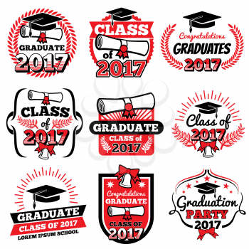 High school and college graduation, off to school vector logos and labels set. Graduation academy and illustration label to graduation college