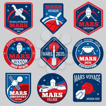 Mars colonization vector retro space logos and labels set. Exploration mars planet logo, emblem travel to mars illustration
