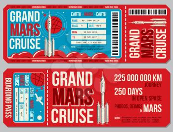 Space travel boarding pass vector template. Journey to Mars tickets. Mock up colored ticket for passenger to travel mars, illustration