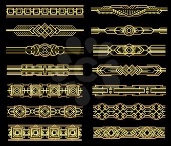 Art deco vector line borders set in 1920s graphic style. Vintage border pattern, illustration of frame golden baroque