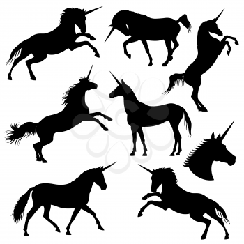 Mythical rebellious unicorn vector black silhouettes. Unicorn black form, illustration of fantasy horse unicorn