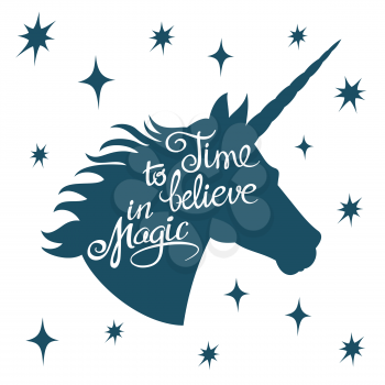 Inspiring unicorn silhouette with positive phrase lettering magic vector concept. Head unicorn silhouette with inspiring text illustration