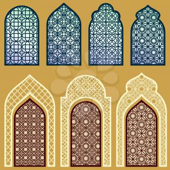 Islamic windows and doors with arabian art ornament pattern vector set. Window and door in islamic pattern style