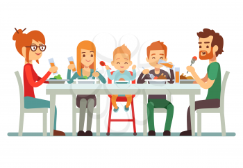 Happy big family eating dinner together vector illustration. Family together dining, mother father with children