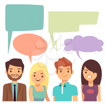 Vector conversation concept with people and blank thinking bubbles. Cartoon people conversation speech bubble, illustration of discussion people
