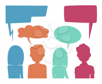 People heads with speech bubbles. Feedback and forum discussion vector concept. Communication people, illustration of colored speech bubble discussion people