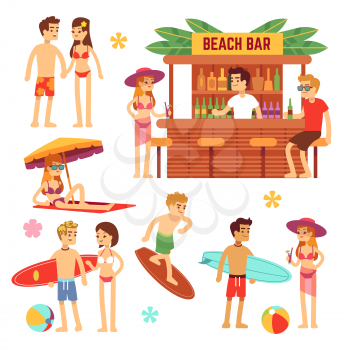 Sunbathing young people on beach. Fun couple on summer vacation. Vector characters people on holiday, illustration of rest summer holiday