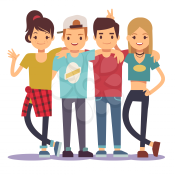 Smiling young hugging friends. Adolescentes friendship vector concept. Friendship together illustration, cartoon gilrs and boys friends