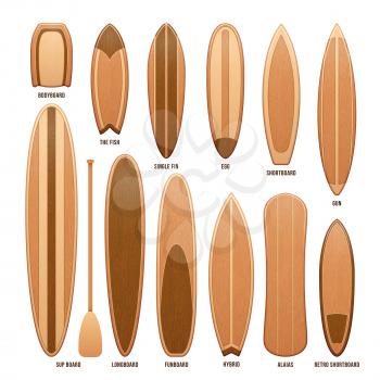 Wooden surfboards isolated on white vector illustration. Wooden surfboad for sport, surfboard collection design