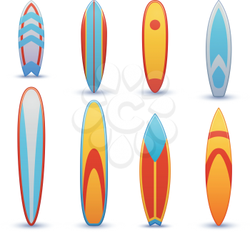 Vintage surfboards with cool graphic design vector set. Surfing shortboard, illustration of funboard for surfing
