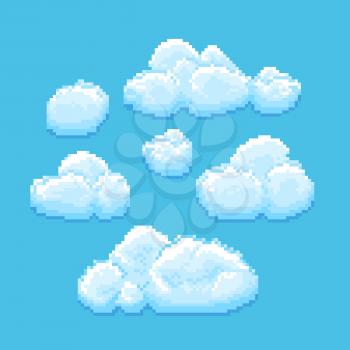 Sky with clouds vector pixel art. Cloudscape background for retro game. Pixel cartoon clouds, illustration of aerial vintage cloud