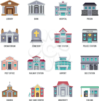 Municipal city buildings library, bank, hospital, prison vector icon set. Building architectural crematorium and cemetery, fire station and police illustration