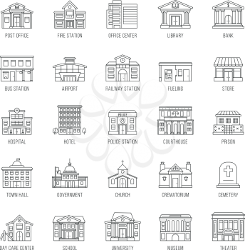 Government buildings vector thin line icons set. Building house police and courthouse, illustration of buildings prison and church