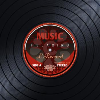Retro vinyl record label music poster vector background. Vintage vinyl music, illustration of vinyl round plate close up
