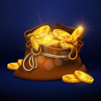 Cartoon big old bag with gold coins. Cash prize vector concept. Bag with golden coin, illustration of money bag cartoon