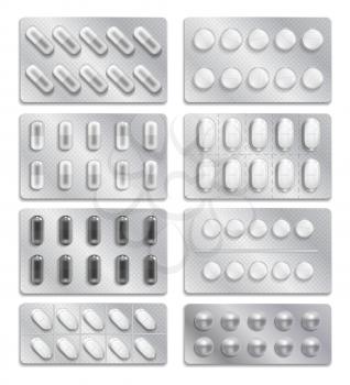 Realistic 3d drugs packaging, painkiller pills vector set. Pack of drug tablets, illustration of chemical tablet vitamin or painkiller