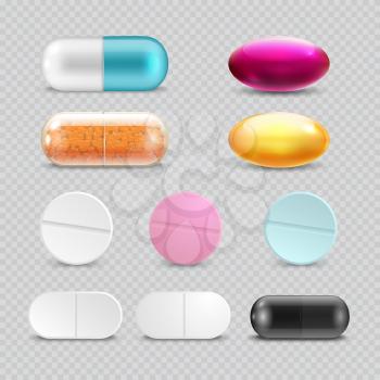Medicine painkiller pills, pharmaceutical antibiotics drugs vector. Set of color pills, illustration of antibiotic and vitamin pill