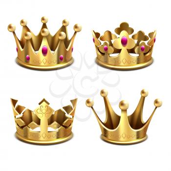 Gold 3d crown vector set. Royal monarchy and kings attributes. King golden crown, illustration of emperor majestic crown