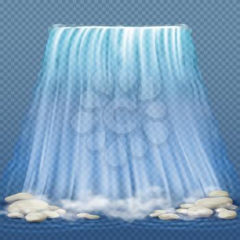 Realistic waterfall with blue clean water and stones, water rapids vector illustration. Realistic nature waterfall with stone, illustration of waterfall clean