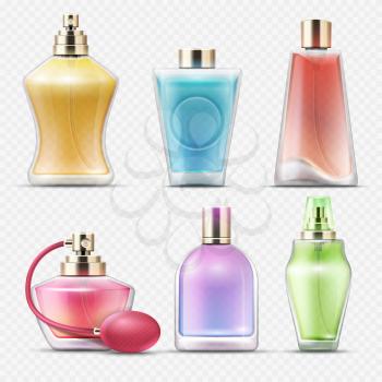 Perfume gift glass bottles isolated on transparent background vector illustration. Aroma perfume bottle glass elegance fluid perfume with pulverizer