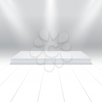 Empty white podium for products. 3d white stage in beams of searchlights. Stage in spotlight shine, illustration of scene stage