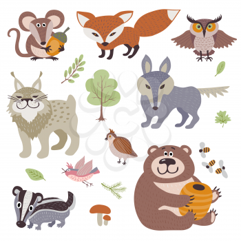 Happy cartoon and funny wood animals in forest vector collection. Forest animal lynx and bird, illustration of zoo animal bear and owl