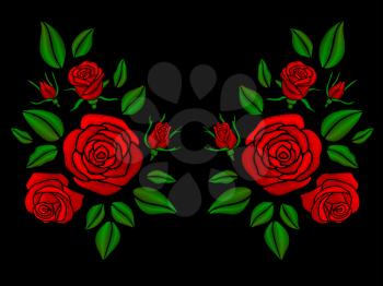 Ethnic floral neckline embroidery with roses vector illustration. Floral rose embroidery, illustration of ethnic fashion pattern rose