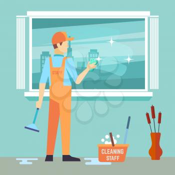 Flat man washes window - cleaning man vector character. Man cleaner work with brush illustration
