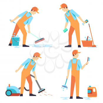 Flat men staff of cleaning service isolated on white. Group of cleaner occupation, vector illustration