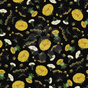Floral seamless pattern with spring flowers - fashion seamless texture with yellow and white flowers. Background with fashion summer flower illustration