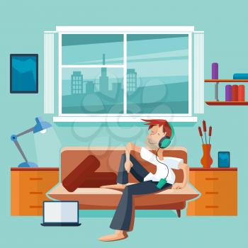 Flat interior with man on sofa - teenager listen musc in the room. Vector illustration