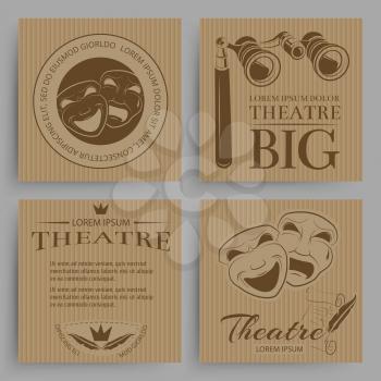 Vintage theatre cards collection with theatre symbols. Banner art entertainment, vector illustration