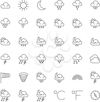 Meteorology symbols and weather vector thin line icons set. Weather icons set, illustration of snowflake and rain weather