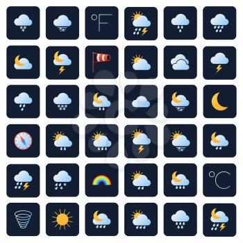 Weather forecast vector icons. Climate and meteo symbols. Collection of snowflake amd cloud meteorology icons, illustration of forecast icons