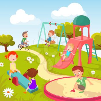 Cute children at playground. Happy children playing in summer park vector background. Kindergarten with boy and girl, illustration of childhood in park