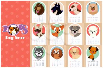 Monthly kids calendar 2018 with funny dogs, puppies. Dog calendar with character pets illustration