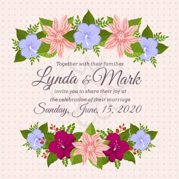 Floral design with summer flowers. Vector template of vintage wedding invitation card. Decoration flowers frame, invitation card to celebration wedding illustration