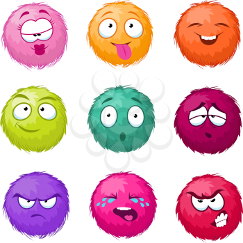 Funny colorful cartoon fluffy ball vector fuzzy characters set. Monsters with different emotion. Cute monster character, illustration of color fuzzy creature
